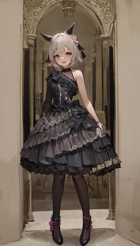 1girl,solo,curren chan,(black wedding dress:1.4),full body,tachi-e,standing,smile,:D, ,pink background,  simple background, <lora:curren-lion-000014:1>