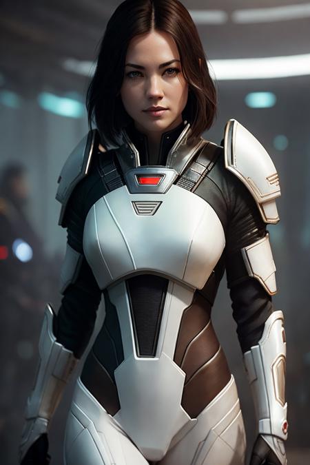 photo of (yv0nn3:0.99), a woman as Mass Effect's Miranda Lawson, (Mass Effect style), (wearing futuristic white armor), (black hair:1.1), modelshoot style, (extremely detailed CG unity 8k wallpaper), photo of the most beautiful artwork in the world, professional majestic oil painting by Ed Blinkey, Atey Ghailan, Studio Ghibli, by Jeremy Mann, Greg Manchess, Antonio Moro, trending on ArtStation, trending on CGSociety, Intricate, High Detail, Sharp focus, dramatic, photorealistic painting art by midjourney and greg rutkowski, (wearing an elegant suit with neckline), (spaceship), (looking at viewer), (detailed pupils:1.3), closeup