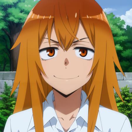 <lora:Gamo:1>
<lora:animemix_v3_offset:0.6>,
1girl, solo, long hair, orange hair, orange eyes, looking at viewer, white shirt,collared shirt, sanpaku, bangs, outdoors,garden,smirk, portrait,