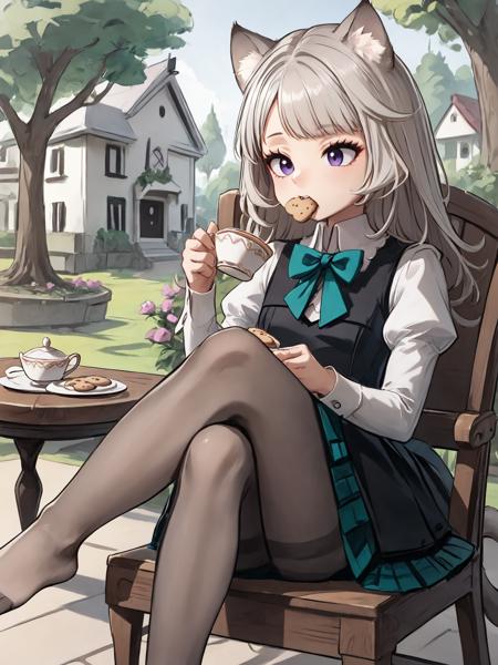 medium-long hair, long sleeves, black dress,, white collared shirt, teal bowtie, teal bow, waist back bow, cat ears, purple eyes, cat tail under skirt, white hair, grey pantyhose, black loafers, puffy sleeves, plaid skirt, pleated skirt, black skirt, teal skirt, buttons