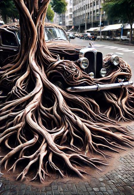 morph-treeroots , vintage car,polished chrome details,classic style design,in city,photography<lora:tree roots_0_100_V1-000008:1>