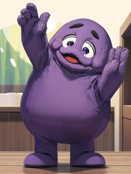 best quality, masterpiece, highres, detailed, <lora:Detail - add_detail:0.2>, Grimace,  <lora:Grimace:0.9>, purple, indoors, happy, no human, mascot, waving,