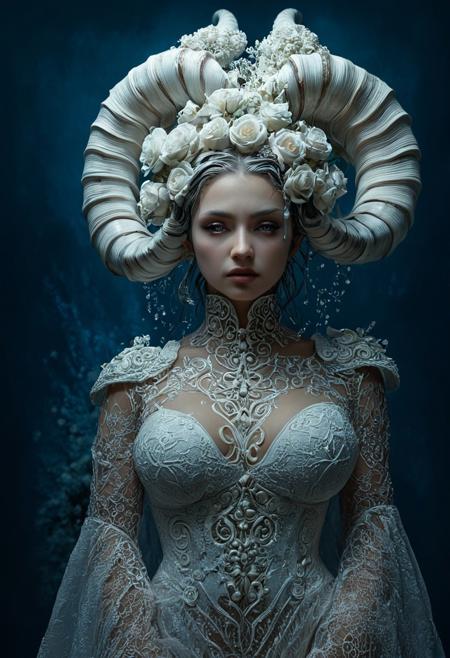 The image is a highly detailed, surreal CGI artwork depicting a statuesque woman with an ethereal, otherworldly appearance. The subject stands against a gradient background transitioning from deep blue to a darker, almost black hue, which enhances the dramatic and mystical atmosphere. 
She is adorned in an ornate, intricate white dress made of a fabric that resembles a combination of lace and intricate, sculpted elements. The dress is high-necked and features a high, plunging neckline, with elaborate, swirling patterns and textures that evoke the appearance of flowers or foliage. The dress is adorned with white, almost crystalline roses that are meticulously detailed, adding to the ethereal, almost fantasy-like quality of the scene.
Her face is striking, with a serious, almost imperious expression. Her skin has a pale, almost translucent quality, blending subtly with the overall white theme. Her hair is styled in a towering, elaborate arrangement that appears to be made of large, curved, shell-like structures, giving the impression of a fantastical, mythical creature. The horns are intricately detailed, resembling large, twisted, spiraled shells or horns, which add to the surreal, fantastical atmosphere of the image.