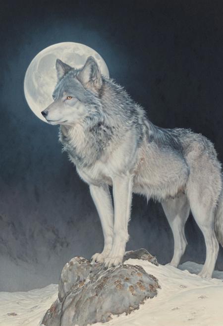 (Highly detailed), (hyper-realistic), ArsMJStyle, Colored pencil hyperdetailed realism – A solitary wolf stands on a rocky outcrop, gazing over the snowy tundra beneath a full moon. Its thick, silver-gray fur is beautifully textured, with each strand catching the pale light of the moon, creating a shimmering effect. The wolf’s bright, intelligent eyes are focused intently on the horizon, while its strong, muscular body is poised and ready for movement. The stark white snow and dark shadows of the mountains create a dramatic contrast against the wolf’s form, evoking a sense of wildness and freedom in the cold, quiet night.