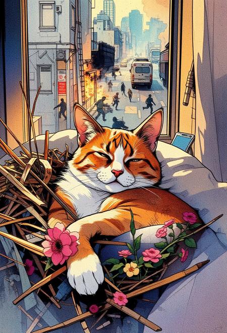 Paint a serene yet dynamic watercolor scene in the Flux art style, where a sleeping cat is *fully nestled within a pile of straw and flowers*. The cat’s body, rendered in soft, car color orange, brown, white with a black M in his forehead, in a soft pillow near to a building window, inside an apartment, outside a city in chaos, zombie invasion, cars in fire,
running away from the zombies,