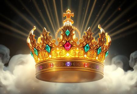 ancient golden crown, adorned with glowing gemstones, pulsating with forgotten power, intricate filigree designs across the surface, divine aura, soft glowing runes encircling the base, radiant energy emanating from within, soft magical light reflecting off polished gold, high resolution, photorealism, ((masterpiece)), floating in mid-air, surrounded by soft mist, cosmic stardust cascading from the crown, mysterious and regal, revered artifact, ancient and powerful, whispers of lost kings echoing in the air, golden beams of light extending from the crown