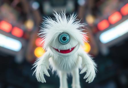 a white muppet with one central alien eye, and real sharp teeth, and three hoofed legs, spaceship background, bokeh