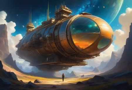 <lora:10NaturalismPainting_Hap_XL:1.5>,  Thomas Moran style, oil painting, nature, Steampunk-style mining spaceship designed with modular compartments inspired by the universe of the Starfield game, encapsulated in a detailed and intricate environment, digital render in the style of Greg Rutkowski meets Loish, ambiance reminiscent of Rhads, aesthetic nuances of Beeple, with the atmospheric vision of Makoto Shinkai and the delicate touch of Lois van Baarle, infused with the character essence of I,