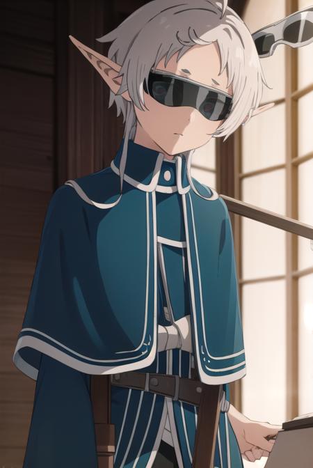 sylphy, <lora:sylphys2-lora-nochekaiser:1>, 
sylphy, short hair, ahoge, white hair, pointy ears, (sunglasses:1.5), elf,
BREAK pants, capelet, black pants, cape,
BREAK indoors, library,
BREAK looking at viewer, (cowboy shot:1.5), 
BREAK <lyco:GoodHands-beta2:1>, (masterpiece:1.2), best quality, high resolution, unity 8k wallpaper, (illustration:0.8), (beautiful detailed eyes:1.6), extremely detailed face, perfect lighting, extremely detailed CG, (perfect hands, perfect anatomy),