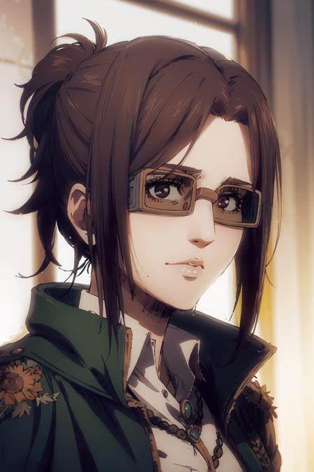 portrait of beautiful HangeAOT, 1girl, solo, jacket, glasses, cape, paradis_military_uniform, volumetric lighting, best quality, masterpiece, intricate details, tonemapping, sharp focus, hyper detailed, trending on Artstation, <lora:HangeAOT:1>