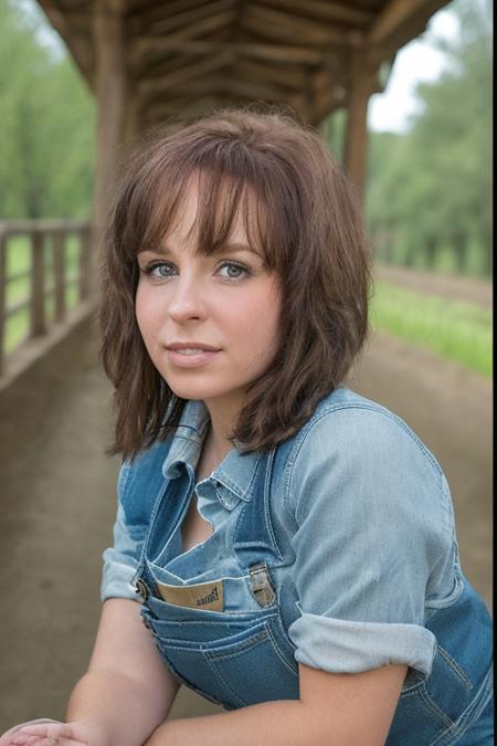 closeup, facing viewer, eye contact, (masterpiece:1.1), (highest quality:1.3), (realistic:1.3), (realism, hyperrealism:1.2), intricate detailed skin, (high detail:1.1), wearing denim overalls on a dairy farm with barn behind her, high dynamic range, directional lighting, sharp focus, <lora:HaydenWinters4:0.9>