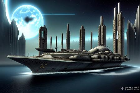 a space pirate battleship among the ruins of an advanced, futuristic city