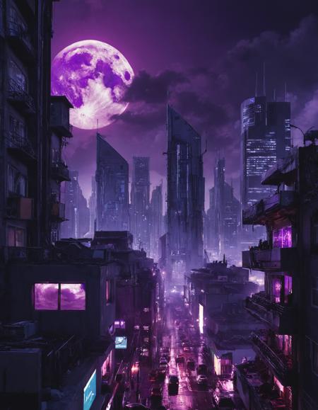 <lora:r0k00g00th:1>,r0k00g00th,r0kur3&l1tyHD. cyberpunk art,, a city with a lot of buildings and a purple moon in the sky above it is a cityscape with a lot of buildings and a lot of lights [2], prompt . ,weather, (extreme weather, Heatwaves:1.5) (prolonged extreme heat),