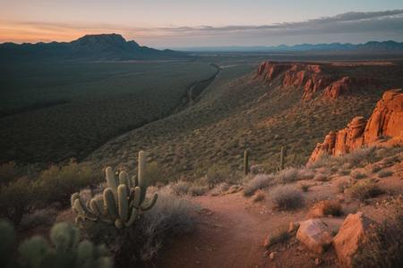 raw photo, a sunset landscape, Arizona desert, Saguaro Cactus, Tall Mesa,  cozy, photorealistic, high detailed texture, 8k uhd, dslr, soft lighting, high quality, film grain, Fujifilm XT3, Sony A7 IV, highly detailed photography, (muted colors, cinematic, dim colors, soothing tones:1.2), vibrant, insanely detailed, hyperdetailed, (dark shot:1.2), (vsco:0.3), (intricate details:0.9), (hdr, hyperdetailed:1.2) (highest coherency: 1.39) (highest quality: 1.39) (rule of Thirds) (award winning) (breathtaking) (masterclass) (vibrant color: 0.79) (distant hillside) (tall cliffs in distance; 1.19)