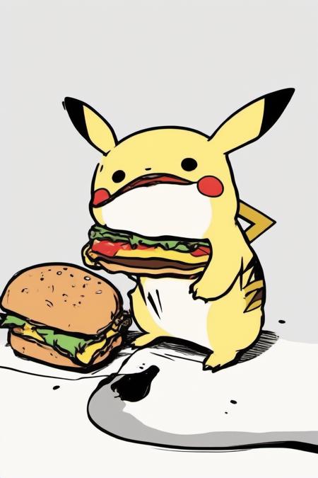 <lora:PE_HighContrastStyleV1:0.8> PEHighContrast,Simple Background, high Contrast, Illustration,Black and White,
Pikachu eating hamburger