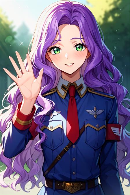  anna clement, purple hair, green eyes, long hair, wavy hair, military uniform, blue uniform, necktie, armband,