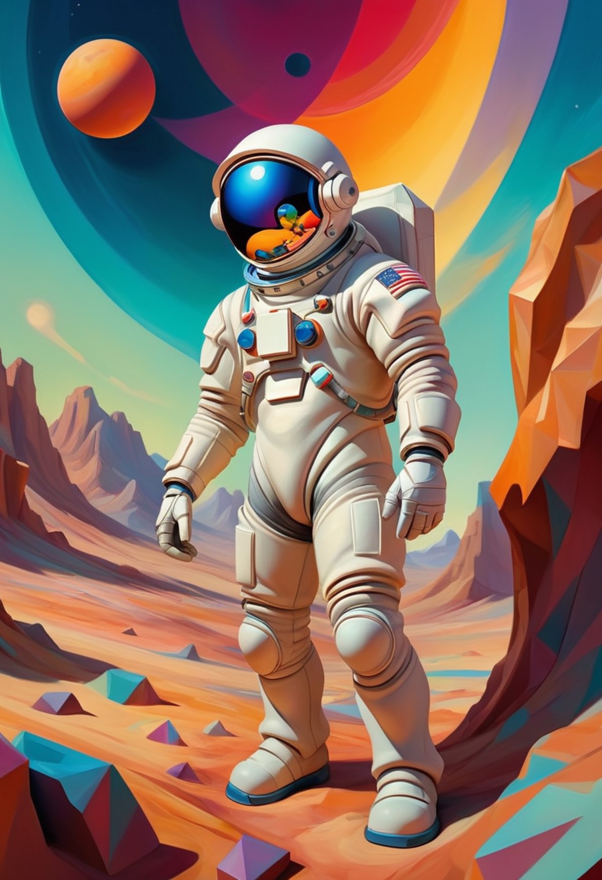 ,excellence a painting of, A solo astronaut (merging style:Renaissance with Cubism), standing on a vibrant alien planet, (...