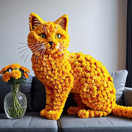 cat made of marigold flower, best quality, indoor, beautiful background, vase, flower, couch, wall decoration, detailed image, 4k, 8k