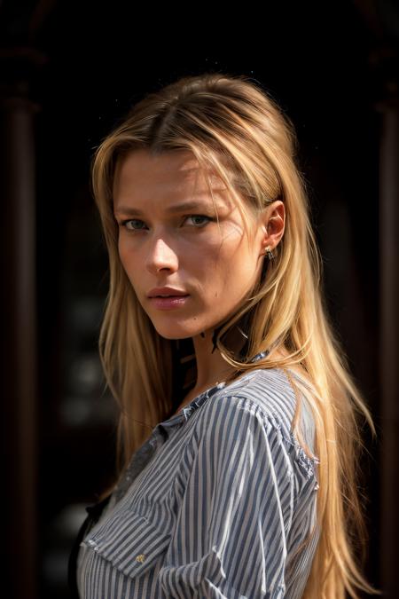 portrait photo of veronicaVar2,(black and blue striped shirt), (dirty blonde hair), alluring portrait, intricate, highly detailed, digital painting, artstation, concept art, naughty, sharp focus, cinematic lighting, illustration, art by artgerm and greg rutkowski, alphonse mucha, cgsociety