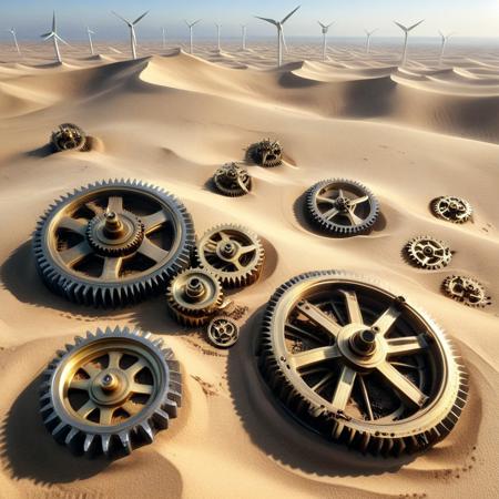 a desert of buried gear fragments, dunes formed from shredded cogwheels and fine brass dust, skeletal remains of gear-based creatures half-buried in the sand, horizon flickering with the shimmer of heat-powered turbines, wind carving mechanical patterns in the ground, g3ars, made out of gears