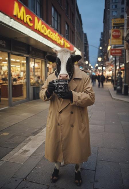 full-length photograph of a ((cow in a trenchcoat)) holding an ((old 35mm camera)) to take photographs near a "McDonald's" restaurant in the city.
Perfect photograph, strong fisheye-lens photograph (intense fisheye-view photograph), strong bokeh, cinematic photograph, experimental angles, experimental lighting, intricately detailed, very detailed background, realisticvision-negative-embedding, epiCRealism