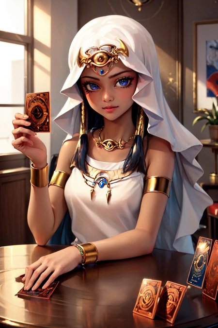 ishizu ishtar dark skin dark-skinned female eye of horus egyptian clothes white dress jewelry necklace bracelet armlet