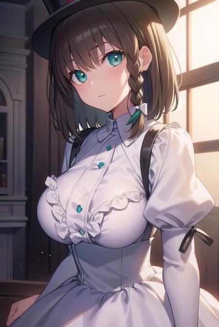 charlottecorday, <lyco:charlottecorday-lyco-nochekaiser:1>,
charlotte corday, braid, brown hair, (green eyes:1.5), short hair, side braid, (large breast:1.2),
BREAK hat, hat flower, juliet sleeves, long sleeves, puffy sleeves, (white dress:1.5), frills, top hat, black top hat,
BREAK looking at viewer,
BREAK indoors,
BREAK <lyco:GoodHands-beta2:1>, (masterpiece:1.2), best quality, high resolution, unity 8k wallpaper, (illustration:0.8), (beautiful detailed eyes:1.6), extremely detailed face, perfect lighting, extremely detailed CG, (perfect hands, perfect anatomy),