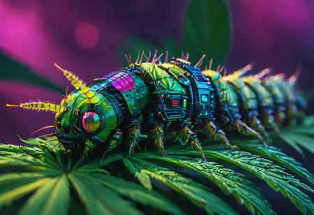 A macro photo of a cyberpunk caterpillar on a cannabis leaf. The image has a colorful cyberpunk scifi aesthetic. Award winning photography in the style of National Geographic.