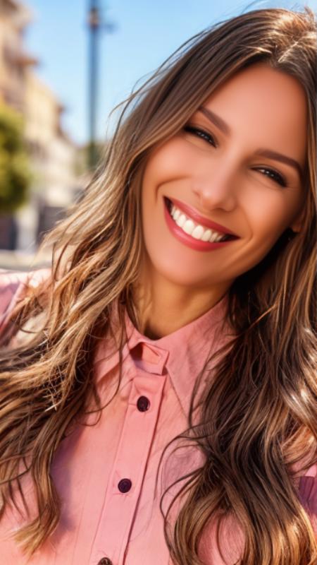 portrait of woman (pampita:1) smiling, in the street, high detailed face, 4k, 8k, <lora:pampita:1>