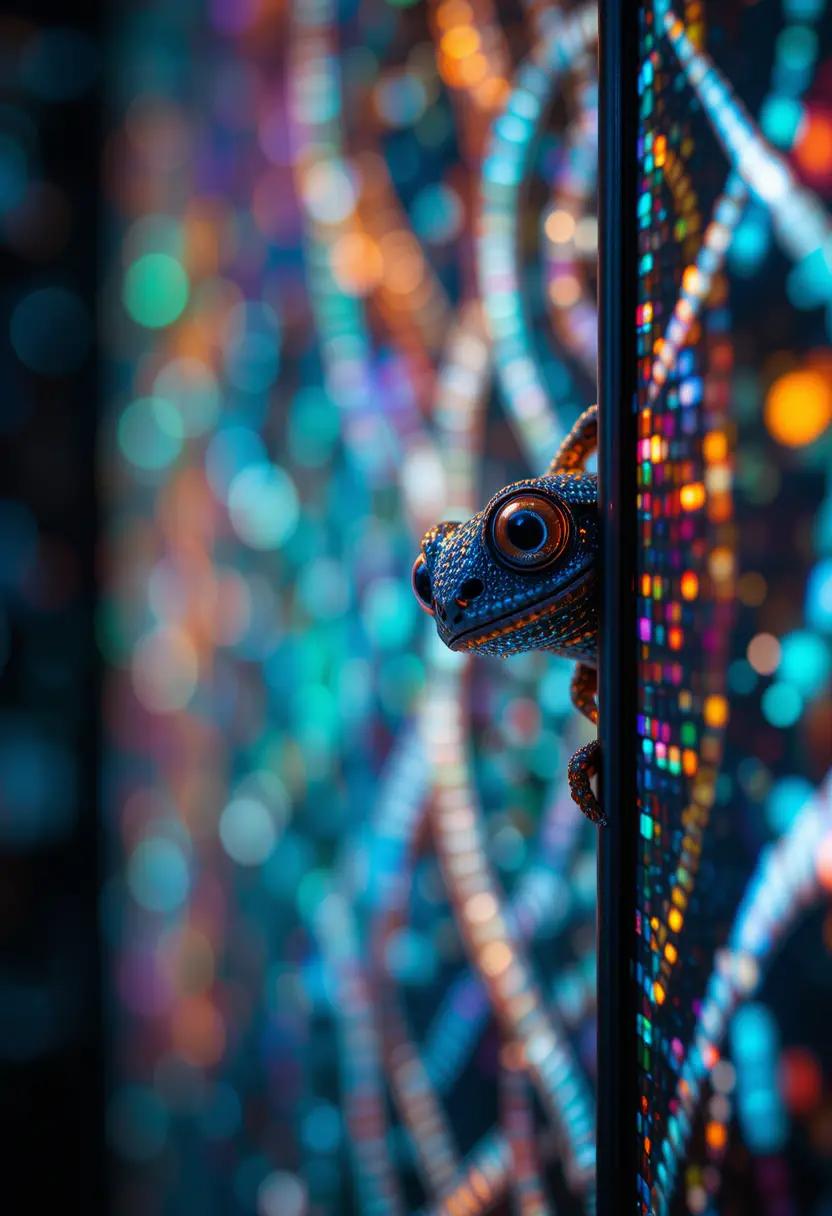 A close-up of a gecko with textured blue and orange skin emerging from behind a vertical surface, showcasing its expressive, wide-open eyes. The backdrop is a bokeh-like blur of glowing lights and abstract patterns, blending shades of blue, green, orange, and purple.