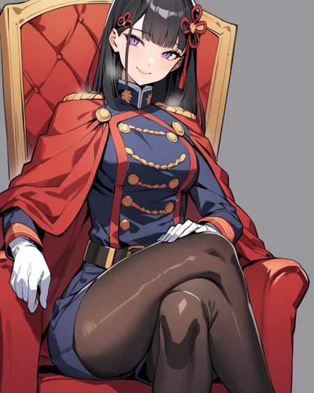 masterpiece, best quality,    <lora:lian:1>ï¼,1girl, pantyhose, black hair, solo, gloves, purple eyes, crossed legs, sitting, hair ornament, looking at viewer, black pantyhose, long hair, cape, throne, boots, white gloves, smile, epaulettes, uniform, military, chair, shorts, bangs, flower, military uniform, hair ribbon, blue footwear,grey background,