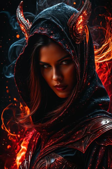 Space-themed a woman with a hood and a demonic face in a dark background with fire and smoke around her [19],a 3D render,poster art,in front of a dark background,<lora:Anne Stokes CLIP2:1>,Anne Stokes fantasy art,woman,female,wings,beautiful,detailed,black,dark,red,white,sexy,<lora:Alfred Manessier CLIP:1>,Alfred Manessier,dynamic folds,flowing forms,volumetric lighting,., 8k uhd, high quality,  . Cosmic, celestial, stars, galaxies, nebulas, planets, science fiction, highly detailed