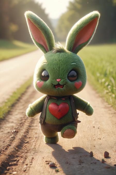 an evil bunny with an angry face. Walking and kicking up dirt on the road. Green fields and pastures. Sunny day.
 <lora:ral-smlvltnpls:0.8> ral-smlvltnpls