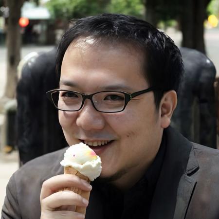 mix4,(8k, RAW photo, best quality, masterpiece:1.2), (realistic, photo-realistic:1.37),professional lighting, photon mapping, radiosity, physically-based rendering,
 <lora:miyazaki:1>, 1boy, black-framed eyewear,smile,park bench, ice cream, upper body, looking at viewer