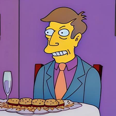 Portrait of Skinner eating a hamburger in his hands, <lora:Steamed_Hams_V0.1:0.8>, cartoon, 2d, stylised, indoors, sitting, zoomed in