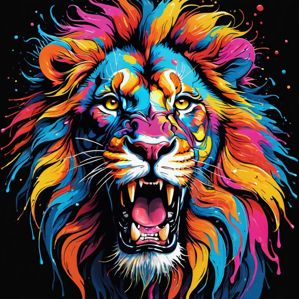 dripping roaring  lion portrait in the style of frank miller, neon colourful, cell shaded cartoon, lots of  dripping paint...