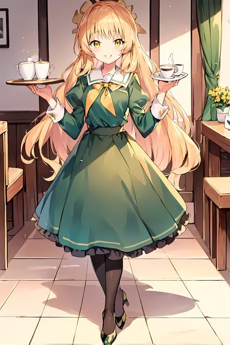 <lora:LoRA_Shiraki_Hime:1>, Shiraki Hime, 1girl, long hair, blonde hair,  green dress, black skirt, black footwear, big smile, dress,  shoes, anime, table service, yellow bowtie, tray, table, holding, holding tray, food, teacup, coffee,