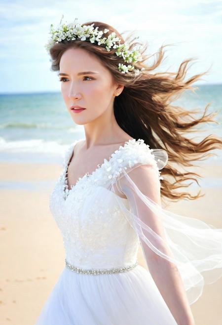 a woman in a white dress with flowers in her hair, wind kissed picture, wind kissed pictures, photo of a woman, windblown hair, hair in wind, romance novel cover, windblown, woman, womans face looking off camera, hana yata, breathtaking flower tiara, windy beach, wind in hair