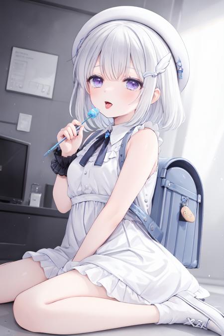 1girl, backpack, solo, bag, dress, hat, looking at viewer, holding, randoseru, white headwear, tongue, bangs, sitting, white dress, blush, tongue out, candy, hair ornament, white hair, bare shoulders, purple eyes, wing hair ornament, sleeveless, open mouth, white footwear, socks, sleeveless dress, frills, frilled dress, beret, blue eyes, medium hair, lollipop, crime prevention buzzer, short hair, bare arms, wariza, yunmi style, sf5etf98, s6f8ey8vsdj, dr6g8cvwo, s5fr8gt, a35veo8vsdo, c6gw9oyh, c6s9eo5j