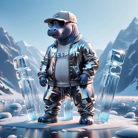 ((((("KEEP IT COOL!" text logo made of ice)))) <lora:dvr-ftl:0.8>,
1c3_w1n73r, magicNpolished, shiny, polished, reflection, glowing, light
Anthropomorphic Hippo made of 1c3_w1n73r, wearing sunglasses, jacket, loose pants, baseball cap
Standing on hind legs.
Icy mountains background.