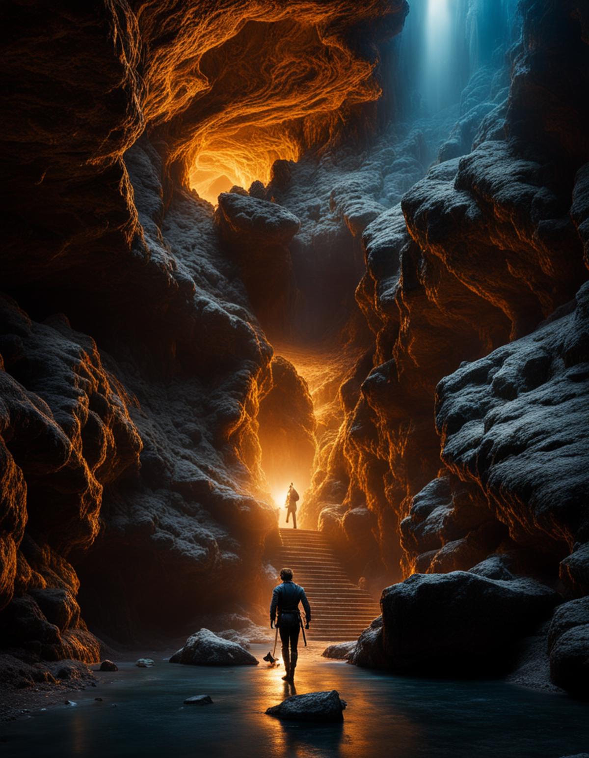 A Graphic Art Image of a Man Walking in a Cave
