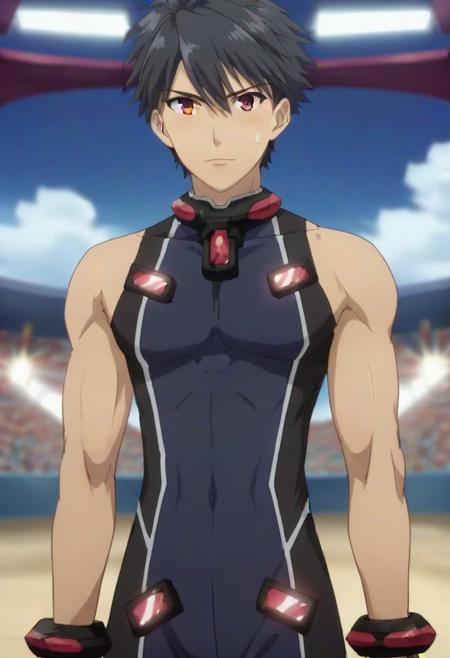 Hayato Kisaragi black hair red eyes sleeveless tight suit