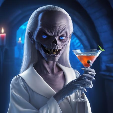 anime artwork of  <lora:Cryptkeeper:1>
Cryptkeeper a woman in a white dress holding a martini glass,1girl,solo,looking at viewer,blue eyes,1boy,parody,horror (theme),what,realistic,realistic,realism,photorealism,hyperrealism,hyperrealistic,realistic,sharp,detailed,cinematography style,film light style,movie still,professional photography,artistic,perfection,contrast,cinematic,filmic,high quality photo,8k quality,colorful,photography style,horror themed,Anthology Black comedy Dark fantasy Horror , tales from the crypt style, anime style, key visual, vibrant, studio anime,  highly detailed