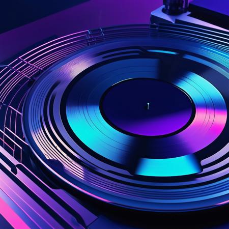 maximalist electronic music artwork. Close-up. A vinyl record with sleek lines and colorful abstract shapes in shades of deep blue and purple. Geometric shapes overlap the record. Vibrant neon lights reflect off the record's surface. Moody, gradient lighting with shades of blue and purple. ambient occlusion, depth of field, best quality, glow effect, intricate details, abstract futurism, Autechre inspired, grid patterns, pastel colors, optical illusion.