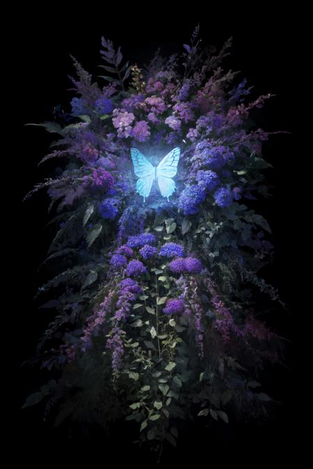 (masterpiece best-quality highres glowing-highlights indigo purple) abstract BREAK dark-background black-background depth-of-field fractals lineart-background colorful-background flowers petals rim-lighting crystals cave butterfly vegetation