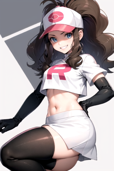 masterpiece, best quality, <lora:HildaLora:0.7>, hilda \(pokemon\), 1girl, solo, white skirt, white shirt, crop top, black gloves, elbow gloves, black thighhighs, team rocket uniform, evil smile, baseball cap, white headwear, midriff, short sleeves,