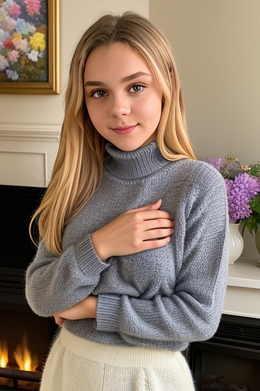 a photo of AM256_Gabbie_Carter,
woman weared knitted long-sleeve turtle-neck sweater holding a fluffy gray cat in her arms...