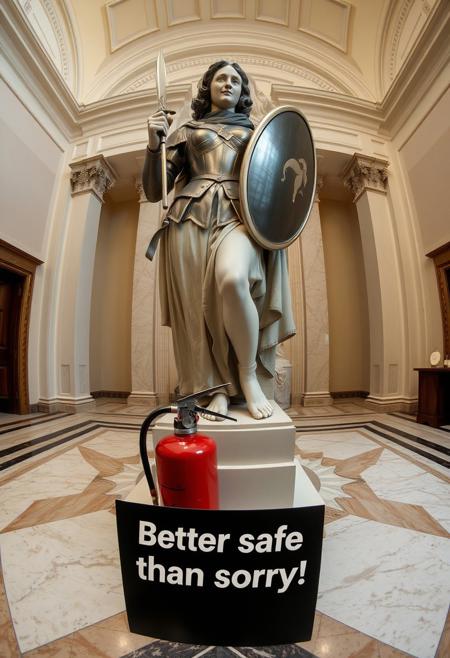 “Create an image of a statue of Giovanna d’Arco (Joan of Arc) displayed in a museum setting, shot using a Hasselblad camera with 12mm fisheye optics. The statue should have a classic, realistic style, capturing Joan in her iconic armor, holding a sword and shield, but with a gentle, subtle smile on her face, softening the heroic pose. The setting is an elegant, spacious museum with marble floors and soft lighting highlighting the statue. Near the base of the statue, there should be an extinguisher (extintor) subtly placed in the scene, offering a contrast between the historical figure and the modern, functional object. In the foreground, include a small panel with the text ‘Better safe than sorry!’ in bold, plastic extruded characters, with a 3D glossy plastic finish. The fisheye lens should distort the perspective slightly, creating a dynamic, wide-angle view that enhances the contrast between the ancient statue and the modern safety feature, adding a surreal and playful touch to the composition.”