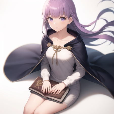 sophia fe,  <lora:Sophia_FE-10:0.75>, 1girl, solo, looking at viewer, simple background, long sleeves, white background, dress, holding, sitting, very long hair, collarbone, braid, cape, white dress, book, floating hair, cloak, holding book, long dress