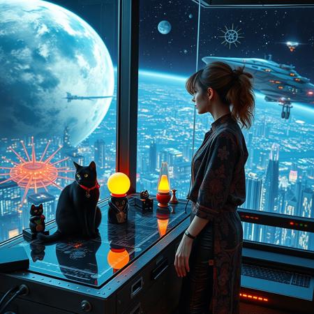 A sleek black cat with red collar sits on a cluttered metal riveted desk with transparent top and micro-LED lighted computer components visible inside, On the desk are a maneki neko statue and a lava lamp, the Black Cat is looking out of a seamless and futuristic floor to ceiling window that looks out at a planet from low orbit, the planet is covered with the lights of enormous buildings and cities, (((a beautiful woman, 24 years old, is standing next to the desk the cat is sitting on and looking longingly out the window, the woman is dressed in an ornate Japanese style shirt and tight leather-like pants. An enormous deco-cyberpunk starship with futuristic lighting and an enormous space station are visible in the background among the stars, The woman's hair is messy from just waking up and tied up with a ribbon. Artistic cyberpunk, dynamic perspective, (((overall architectural aesthetic is Art Deco Cyberpunk))).  Epic image that elicits a feeling of wonder and awe,